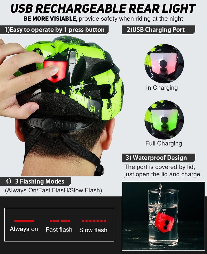 TADPOLE Bike Helmet with USB Rechargeable LED Light Detachable Goggles and Sun Visor, Mountain & Road Bicycle Helmets for Men Women Adult Cycling Helmets - Image 3